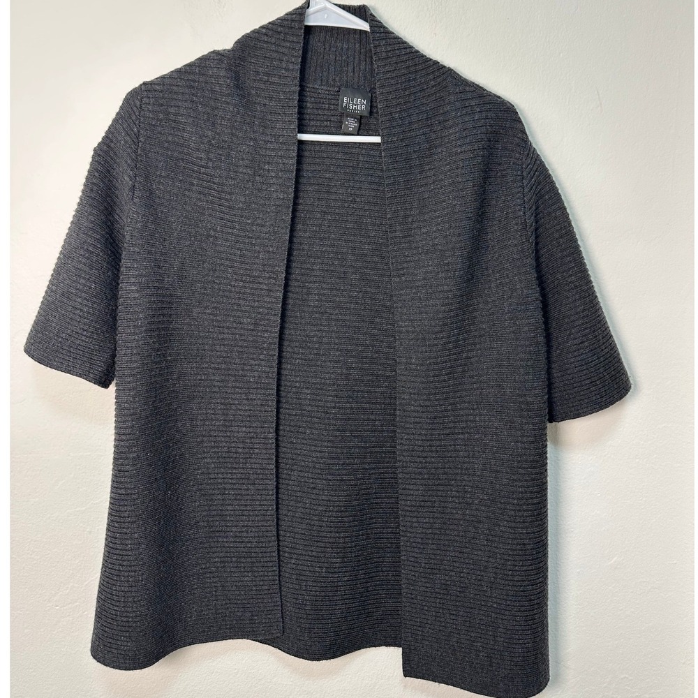 EILEEN FISHER Petite Charcoal Grey Ribbed Knit Short Sleeve Open Front Cardigan - Picture 2 of 9